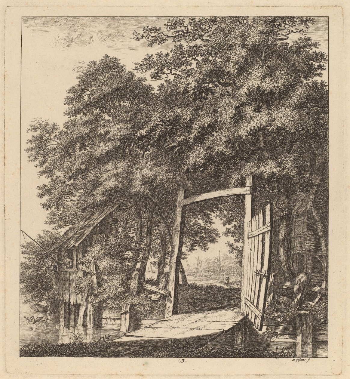 Um Portão Rústico ao Lado de um Lago, 1764. de Salomon Gessner