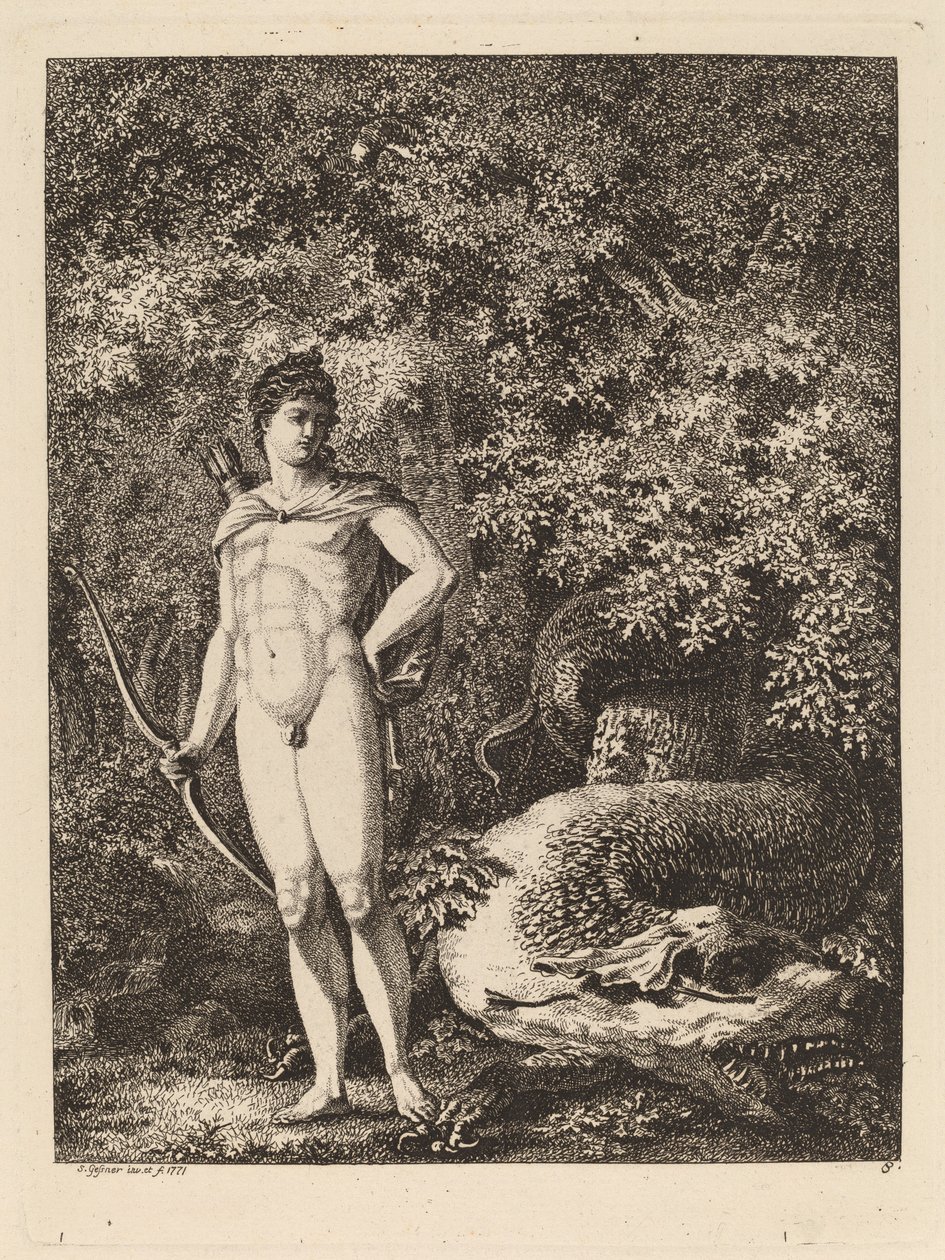 Apolo com arco e dragão, 1771. de Salomon Gessner