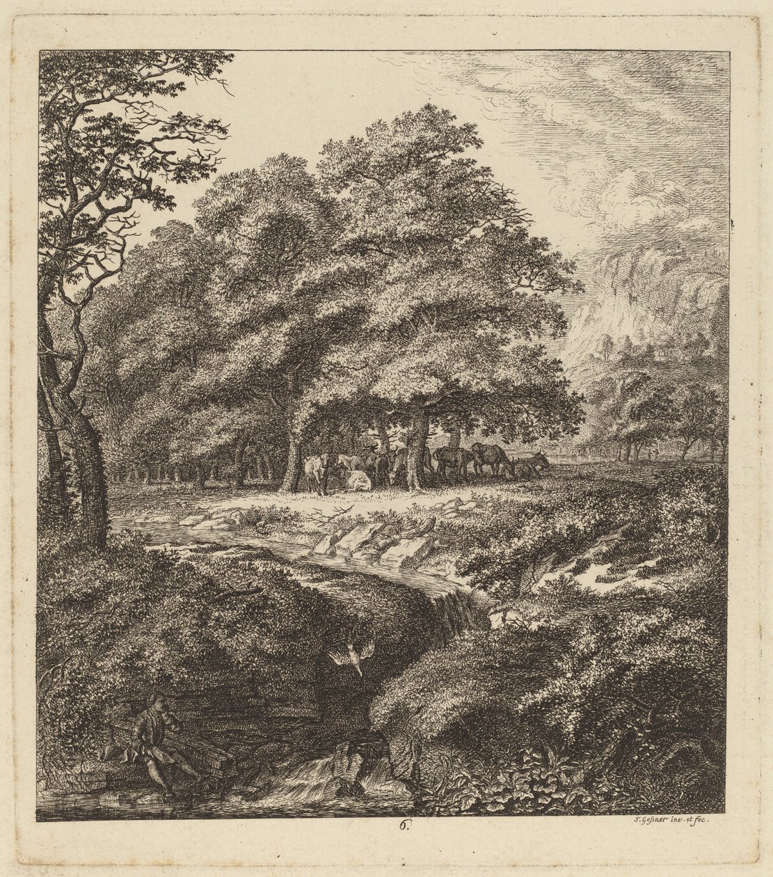 Gado descansando em um bosque com um homem sentado ao lado de um riacho, 1764. de Salomon Gessner