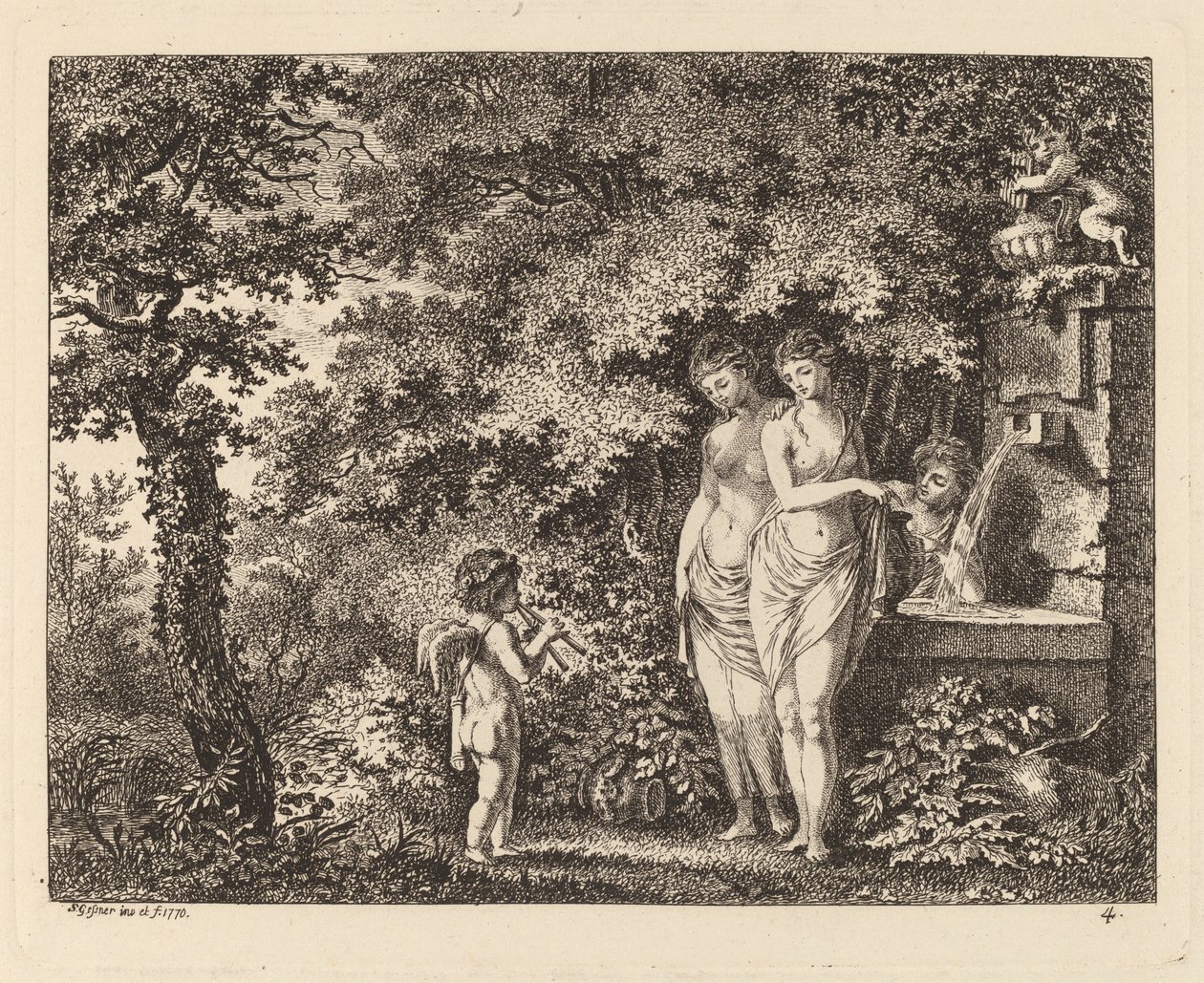 Eros com três meninas em uma fonte, 1770. de Salomon Gessner
