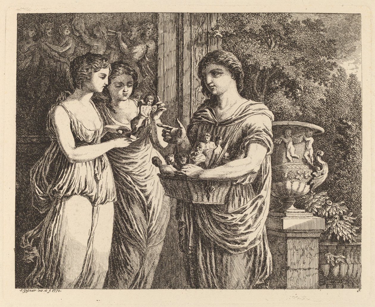 Vendedor de estatuetas com duas meninas, 1770. de Salomon Gessner
