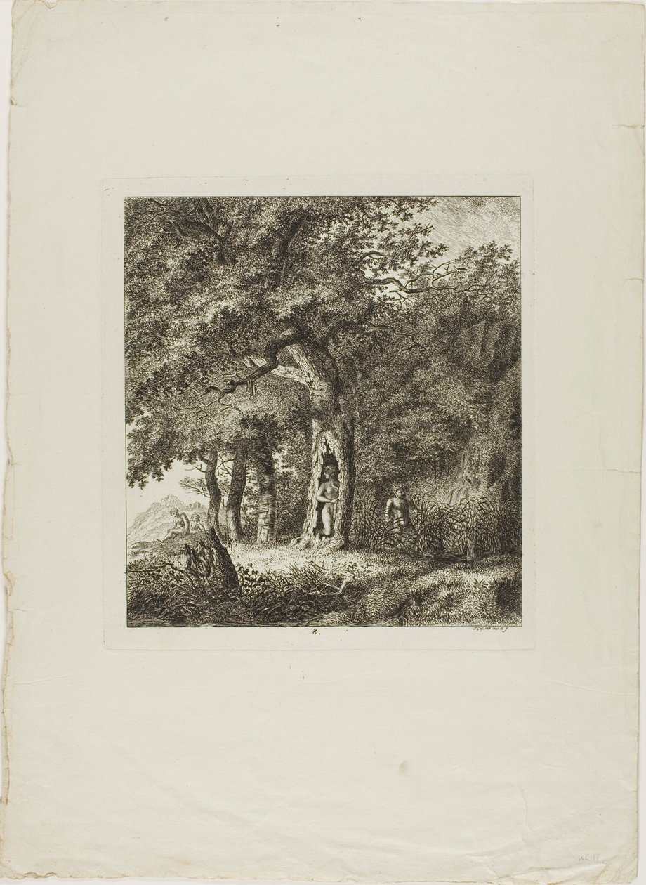 Ninfa escondida numa árvore, prato oito de Paysages Dédiés à M. Warelet de Salomon Gessner