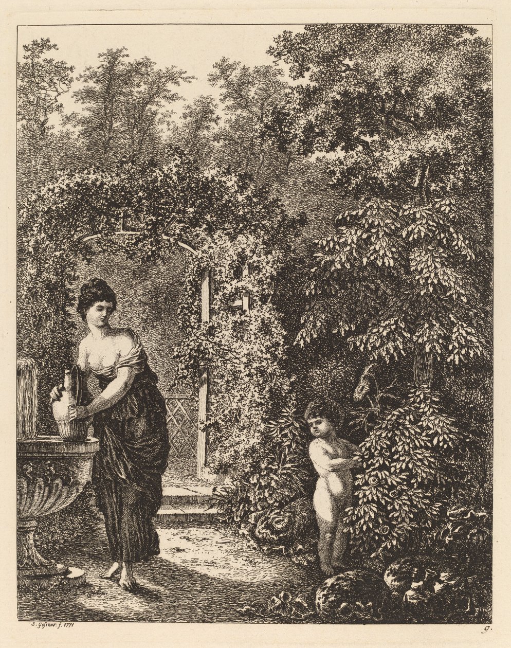 Putto visitando uma garota em uma fonte, 1771. de Salomon Gessner