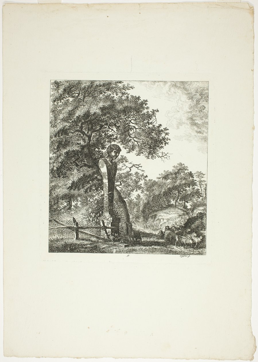 Ovelha junto a uma estátua de Pan, prato cinco de Paysages Dédiés à M. Warelet de Salomon Gessner