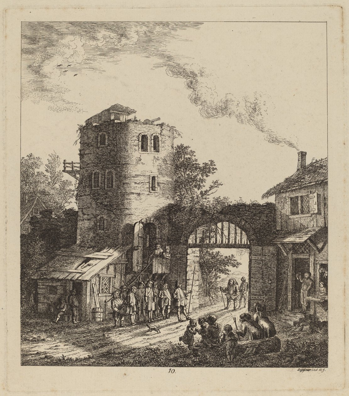 Aldeões em um portão da cidade cumprimentando um dignitário, 1764. de Salomon Gessner