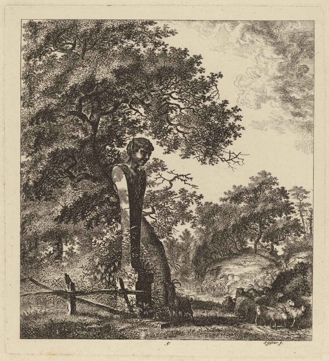 Paisagem arborizada com um rebanho de cabras e um Herm, 1764. de Salomon Gessner