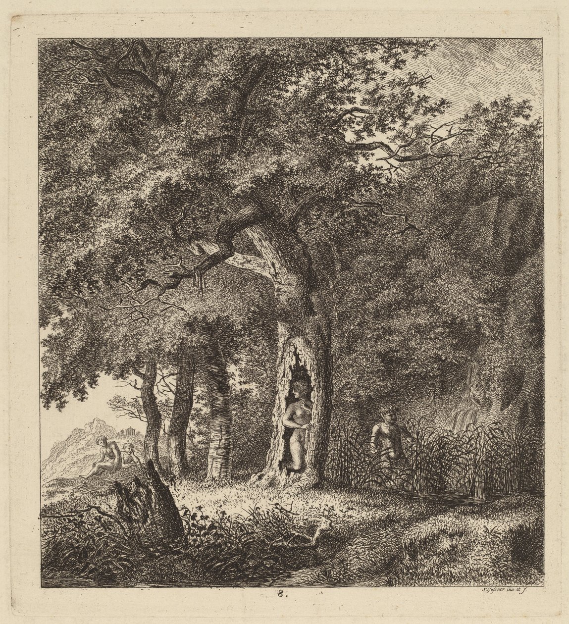 Paisagem arborizada com uma ninfa e um sátiro de Salomon Gessner