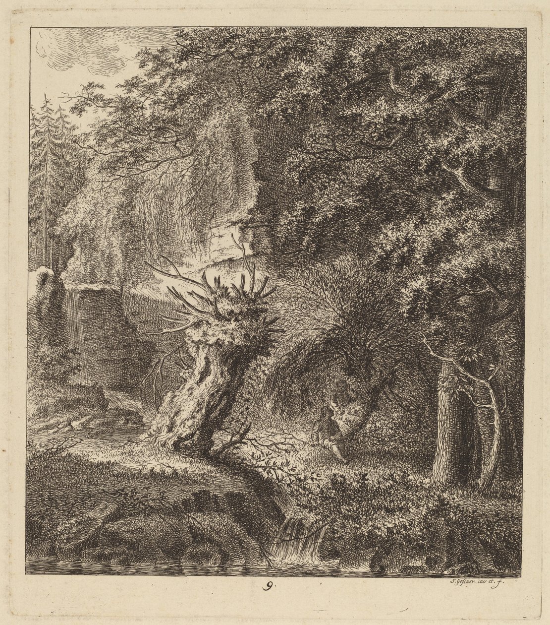 Paisagem arborizada com uma árvore desbastada de Salomon Gessner