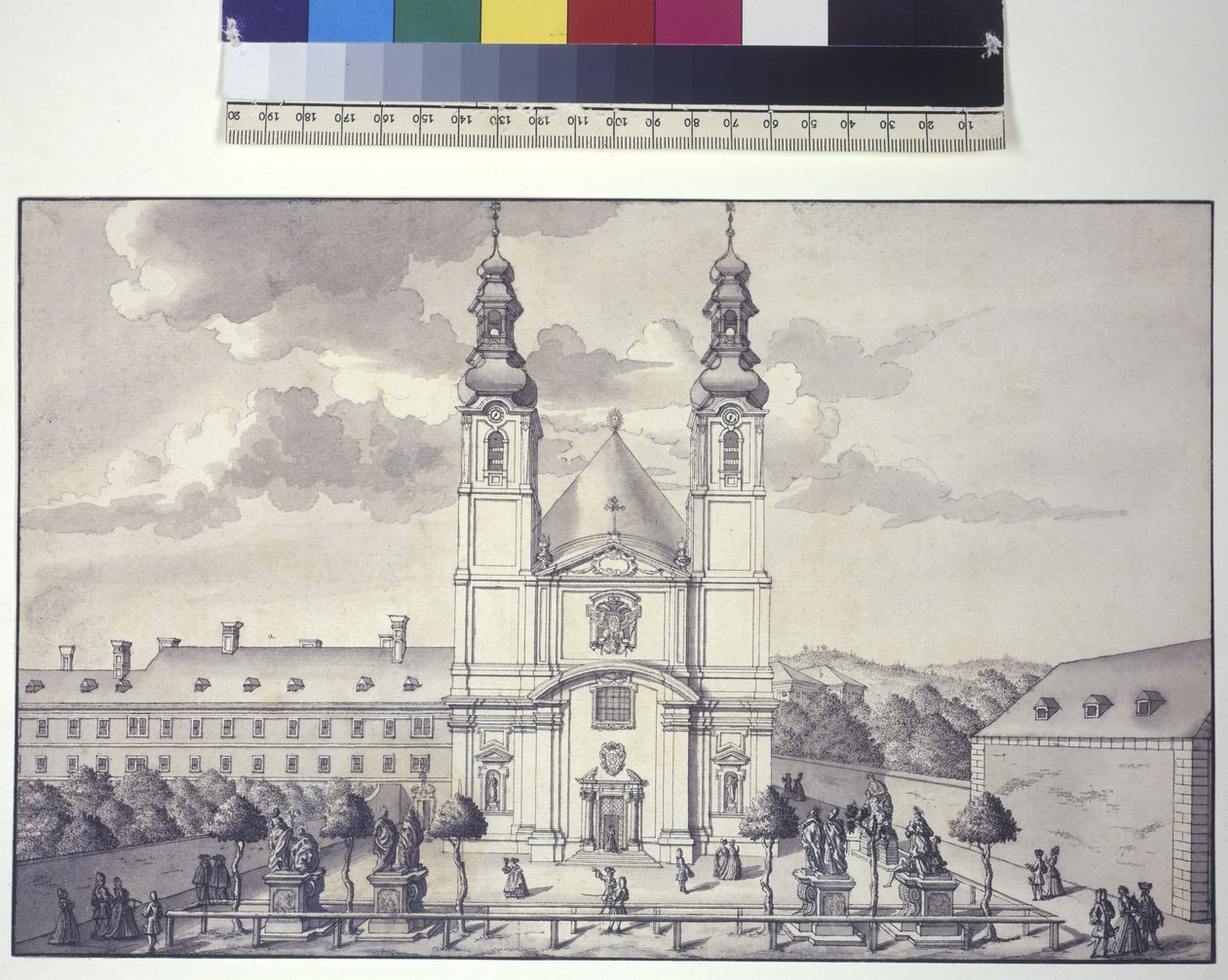 Página inteira: vista de frente da igreja dos Servitas no subúrbio de Rossau (desenho a caneta e tinta) de Salomon Kleiner