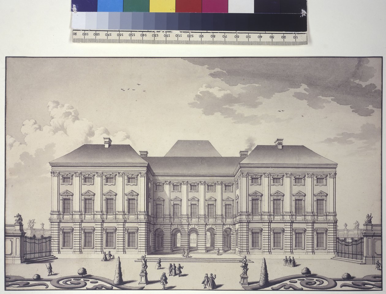 Página inteira: vista frontal da fachada ajardinada do Palácio do Liechtenstein em Rossau (desenho a caneta e tinta) de Salomon Kleiner