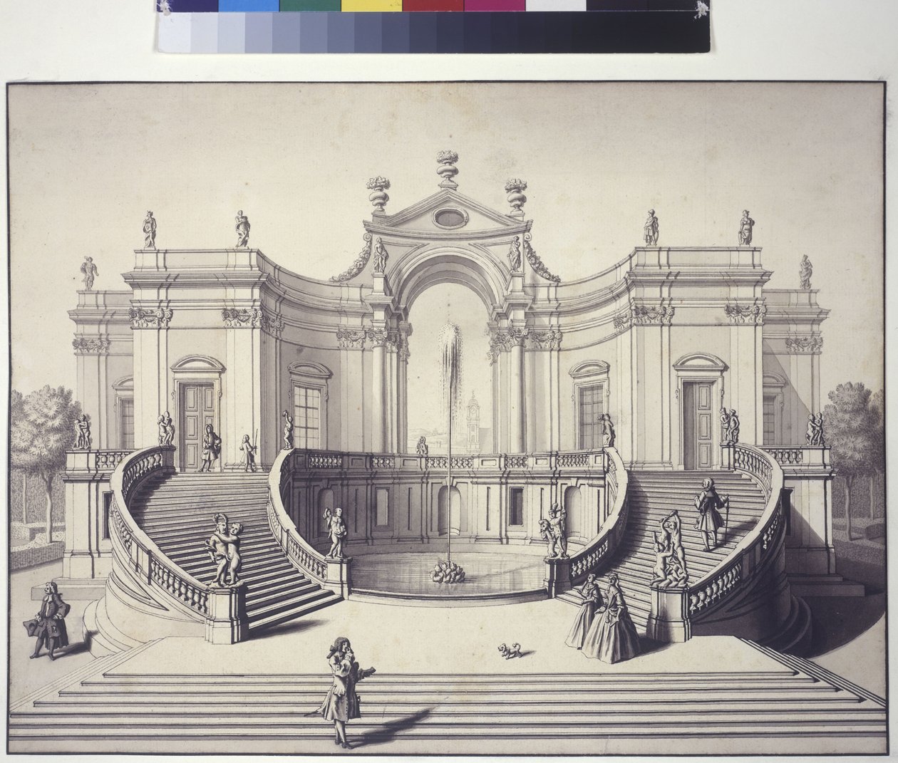 Página inteira: palácio nos jardins do Palácio Liechtenstein, Rossau, Viena (desenho a caneta e tinta) de Salomon Kleiner