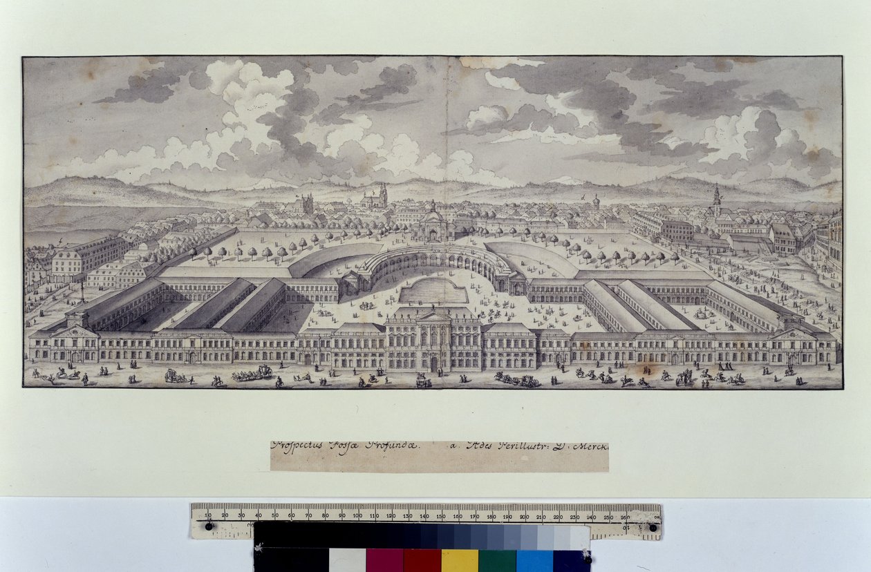 Página inteira: vista aérea em grande escala dos estábulos imperiais em direção aos subúrbios (caneta, pincel e tinta) de Salomon Kleiner