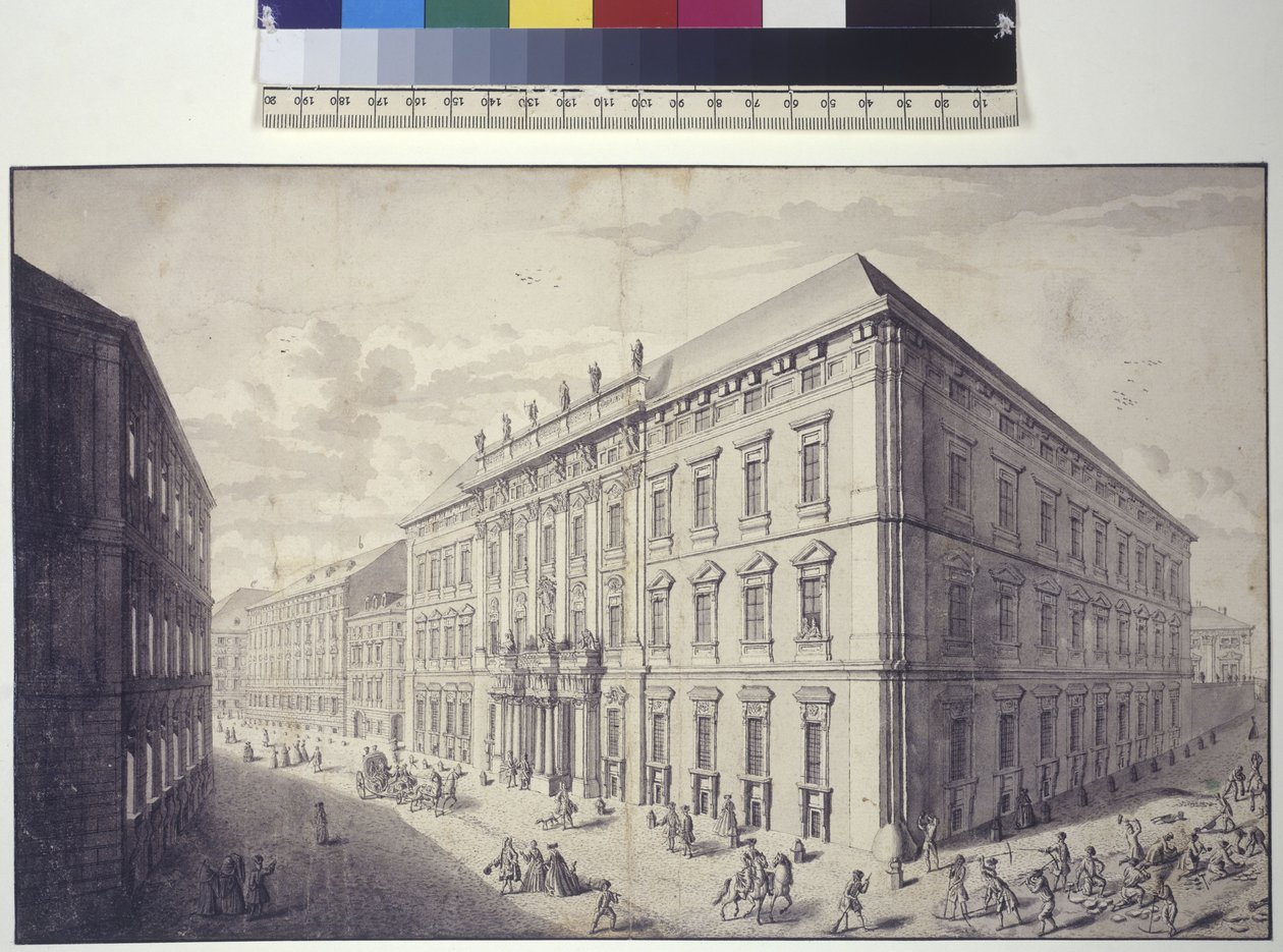 Página inteira: vista oblíqua do palácio municipal de Kaunitz-Liechtenstein em No (desenho a tinta e caneta) de Salomon Kleiner