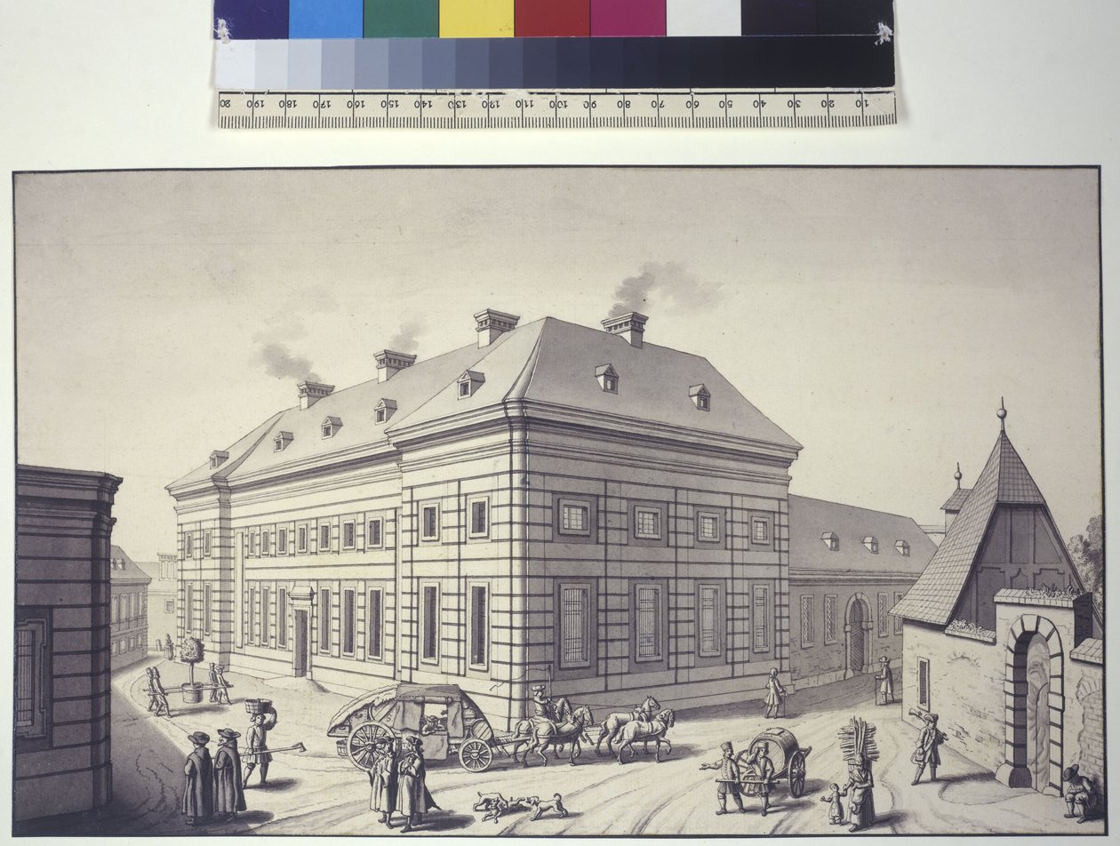 Página inteira: vista oblíqua do Laranjal, anteriormente situado em frente ao palácio do jardim do Liechtenstein, em Rossau (desenho a tinta e caneta) de Salomon Kleiner