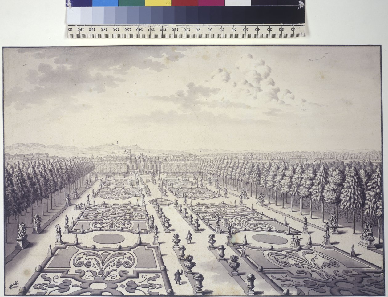 Página inteira: vista dos jardins do Palácio do Liechtenstein em Rossau de Salomon Kleiner