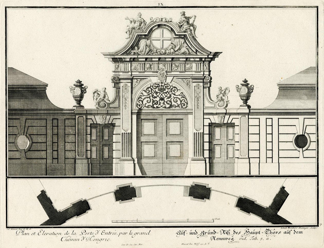 Planta baixa e alçado do portão principal do castelo inferior em Rennweg de Salomon Kleiner
