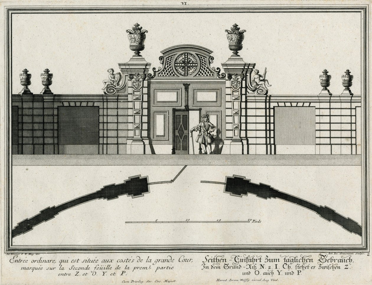 Planta baixa e alçado de um portão lateral da cour d