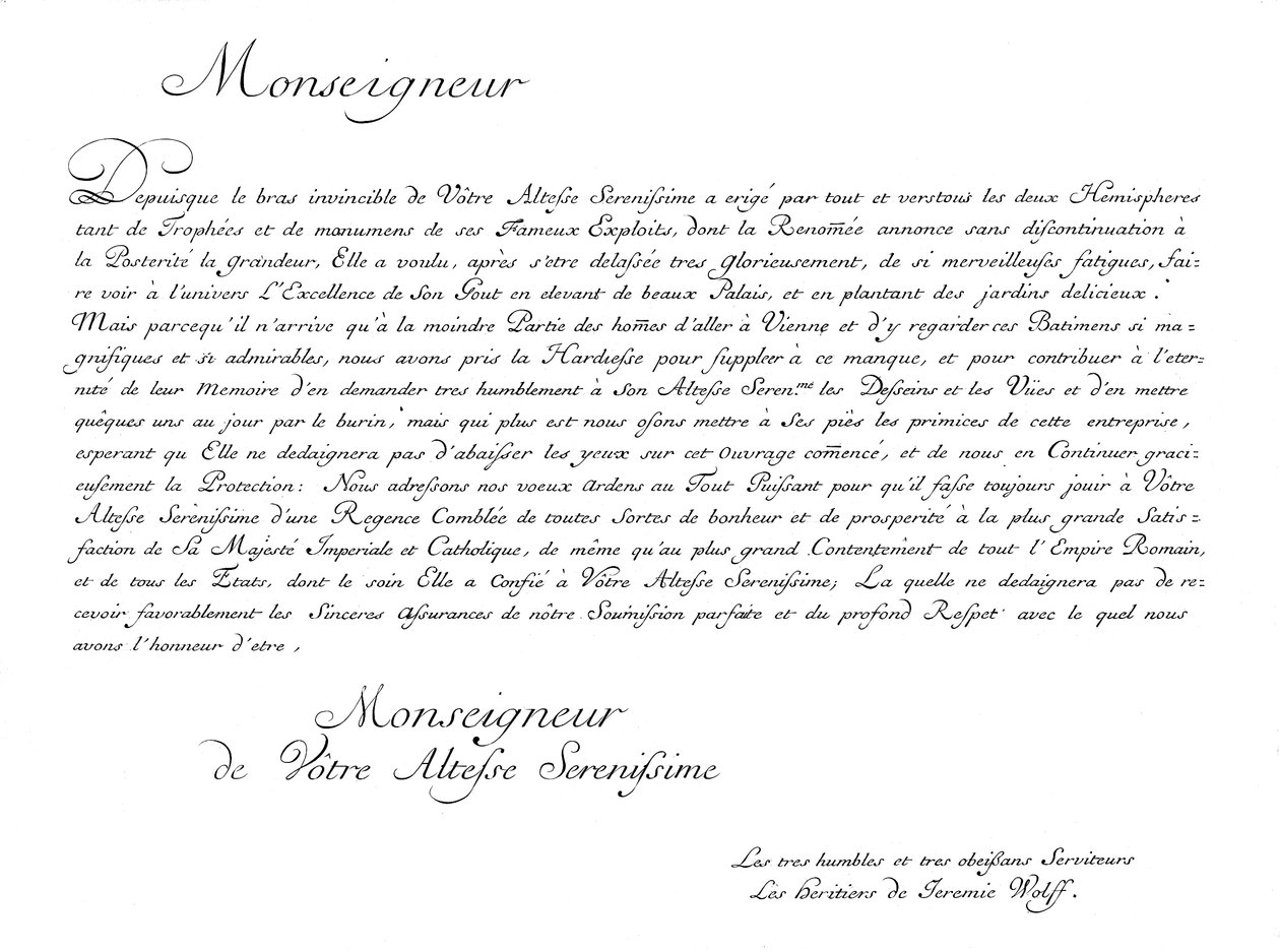 Discurso de homenagem e dedicatória da editora Jeremias Wolffs Erben ao príncipe Eugênio de Salomon Kleiner