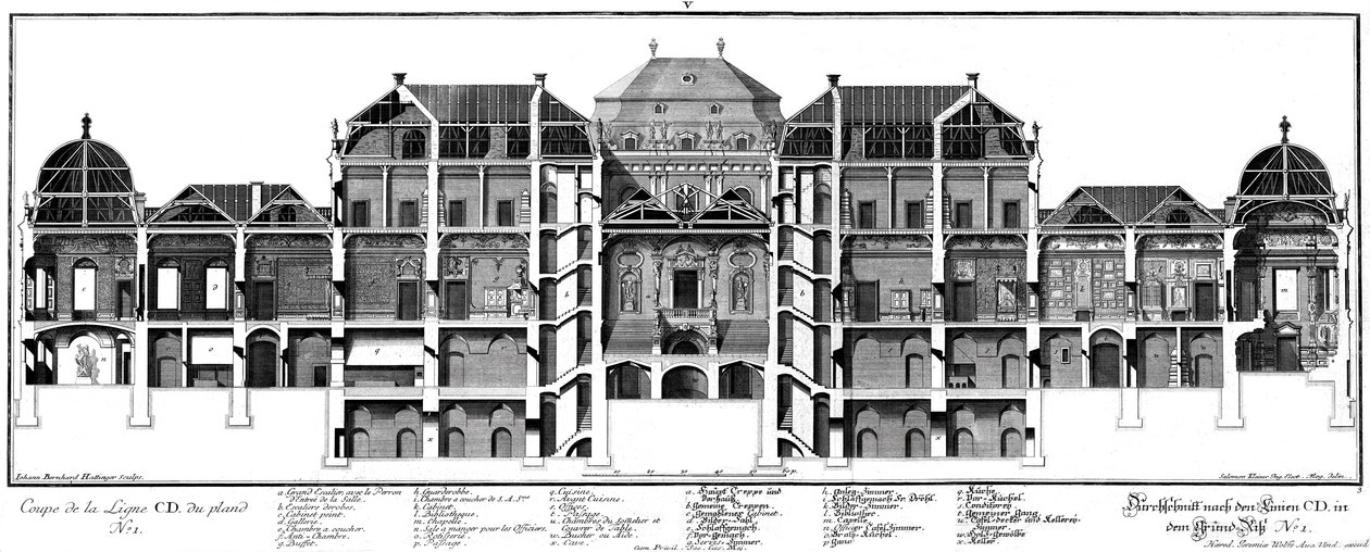 Secção longitudinal através do palácio do lado da corte de honra de Salomon Kleiner