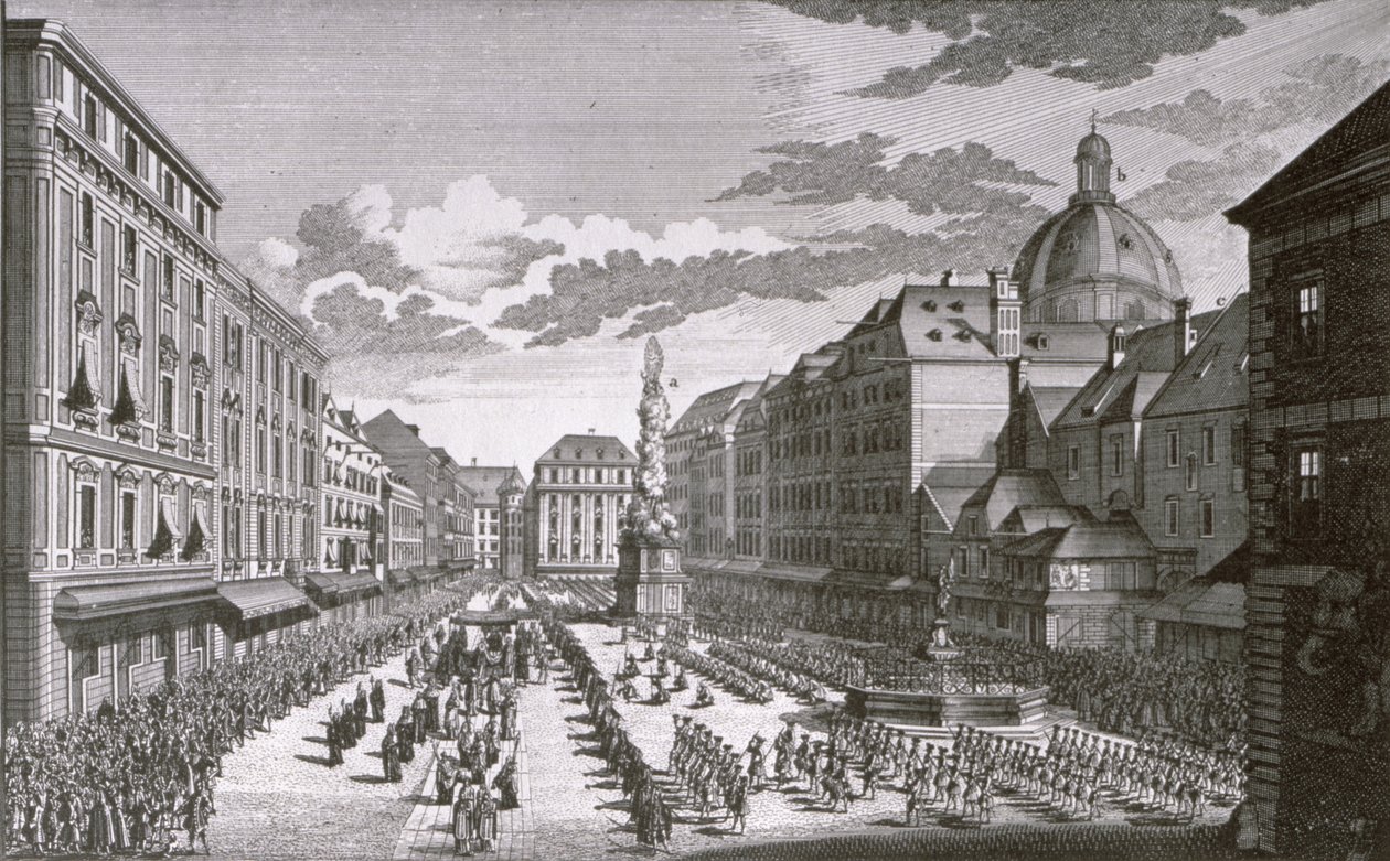 Vista de uma procissão no Graben gravada por Georg-Daniel Heumann (1691-1759) de Salomon Kleiner