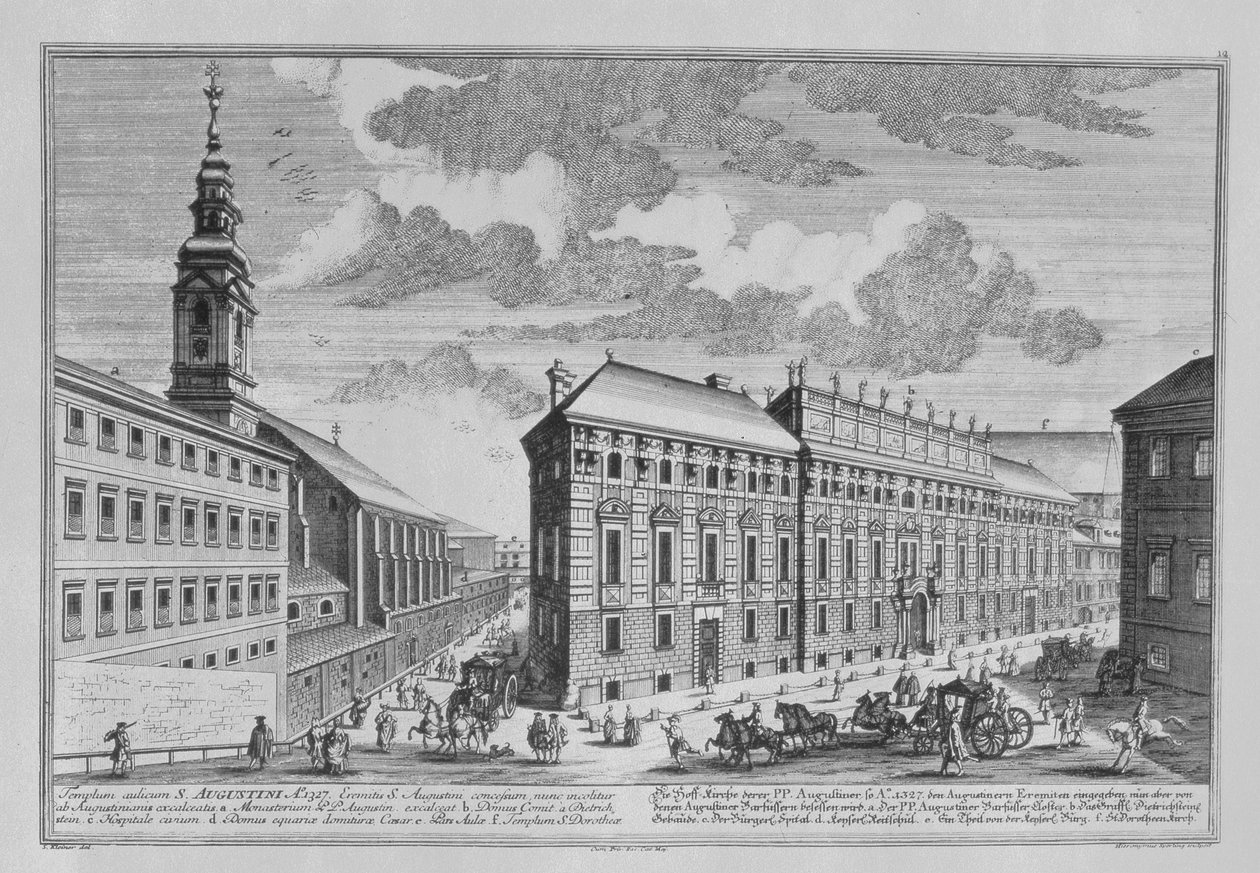 Vista da Dorotheergasse mostrando o Stallburg e a igreja do mosteiro de Dorotheum gravada por Hieronymous Sperling (1695-1777) de Salomon Kleiner