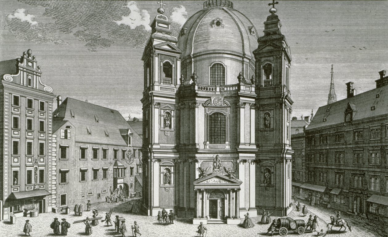 Vista da Peterskirche, Viena gravada por Johann Bernard Hattinger de Salomon Kleiner