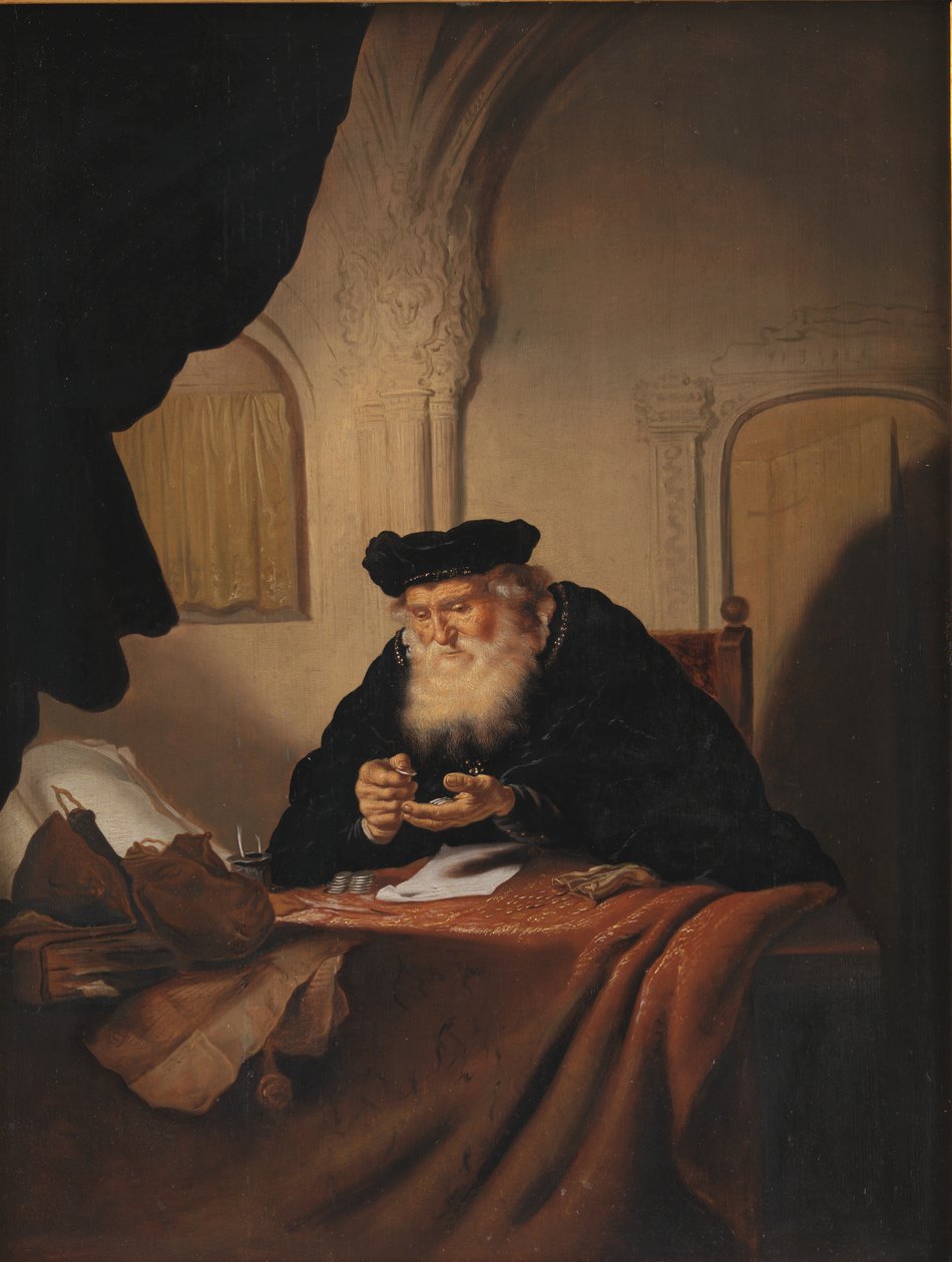 Um velho contando seu dinheiro de Salomon Koninck