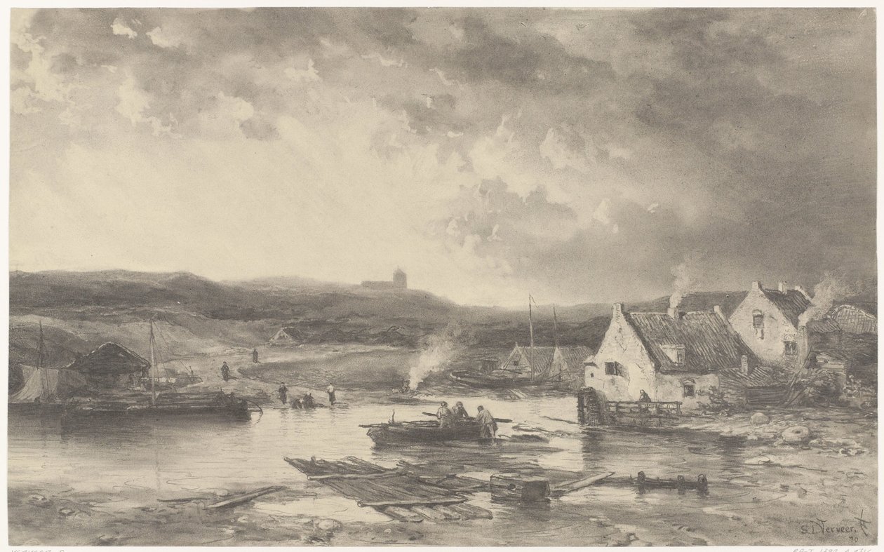 Paisagem fluvial com algumas casas e um moinho de água de Salomon Leonardus Verveer