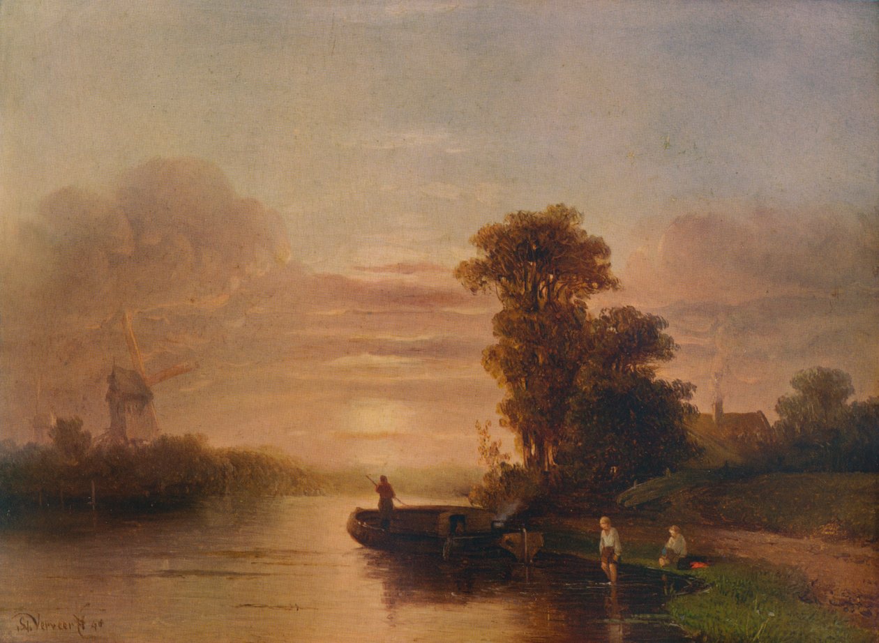 Pôr do sol em um rio, com moinho de vento e chalé, 1848, 1938 de Salomon Leonardus Verveer