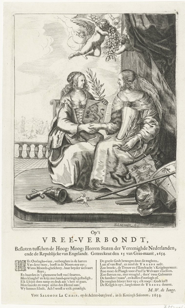 Frase para a paz de Westminster, 1654 No Vree-Verbondt, Fechado entre o Alto: Moog: Heeren Staten der Vereenighde Nederland, ende Republikcke van Englandt. Geteeckent den 15 van Gras-maant, 1654 (título no objeto) de Salomon Pietersz. Lachair