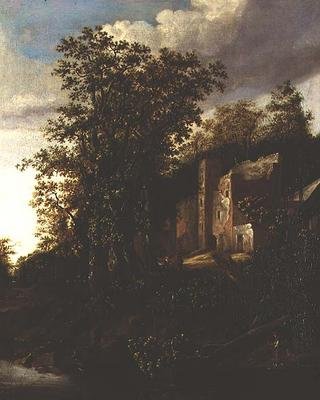 Uma paisagem fluvial arborizada com camponeses por uma casa senhorial em ruínas de Salomon Rombouts