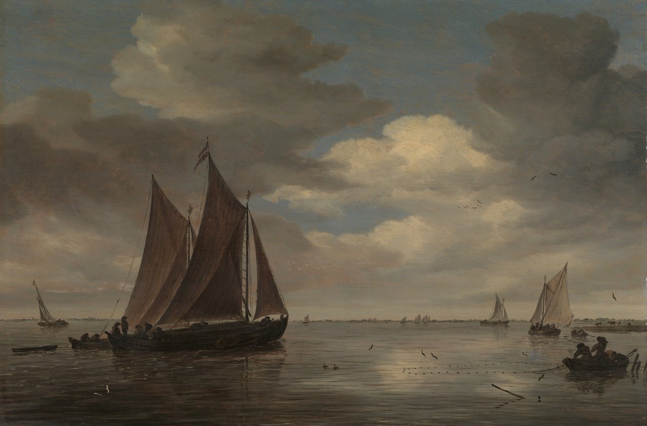 Barcos de pesca em um rio, início da década de 1660. de Salomon Ruysdael
