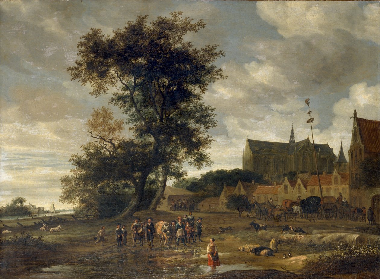 Cena antes de um mastro com a Igreja Alkmaar ao fundo, 1669 de Salomon Ruysdael
