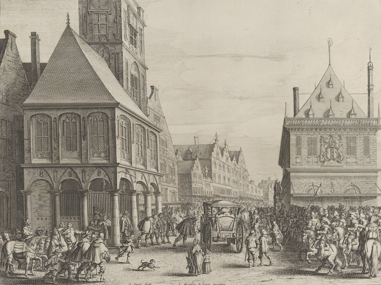Magistrados da cidade se despedindo de Maria de Médici perante a prefeitura, de Caspar Barlaeus..., 1638. de Salomon Savery