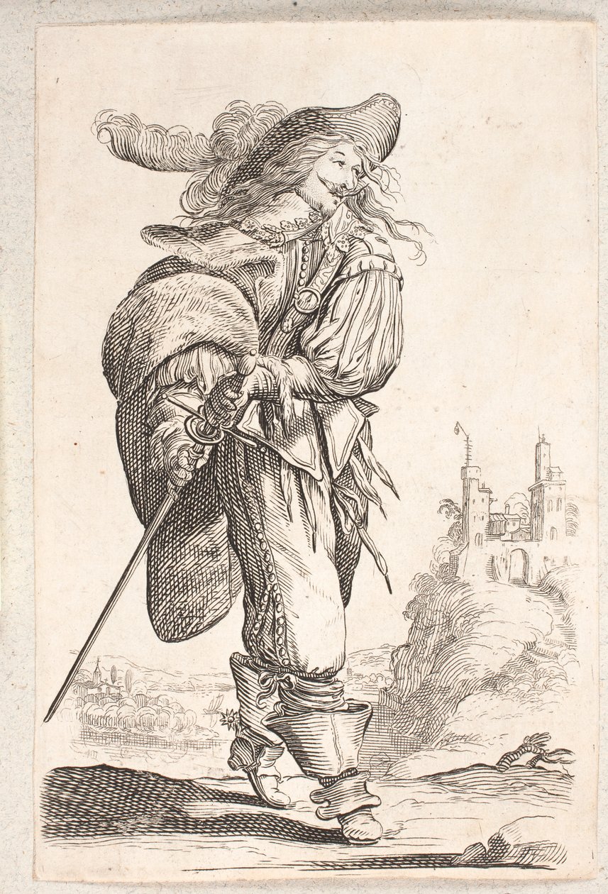 Homem andando, perfil três quartos r., segurando o maço na cintura. Ao fundo um castelo de Salomon Savery