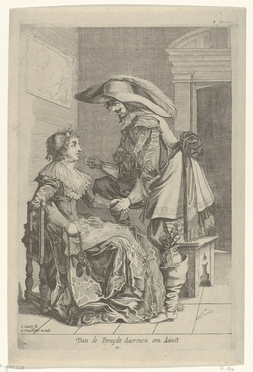 O homem oferece a uma mulher uma moeda Dats de Bruydt daermen om danst (título no objeto) de Salomon Savery