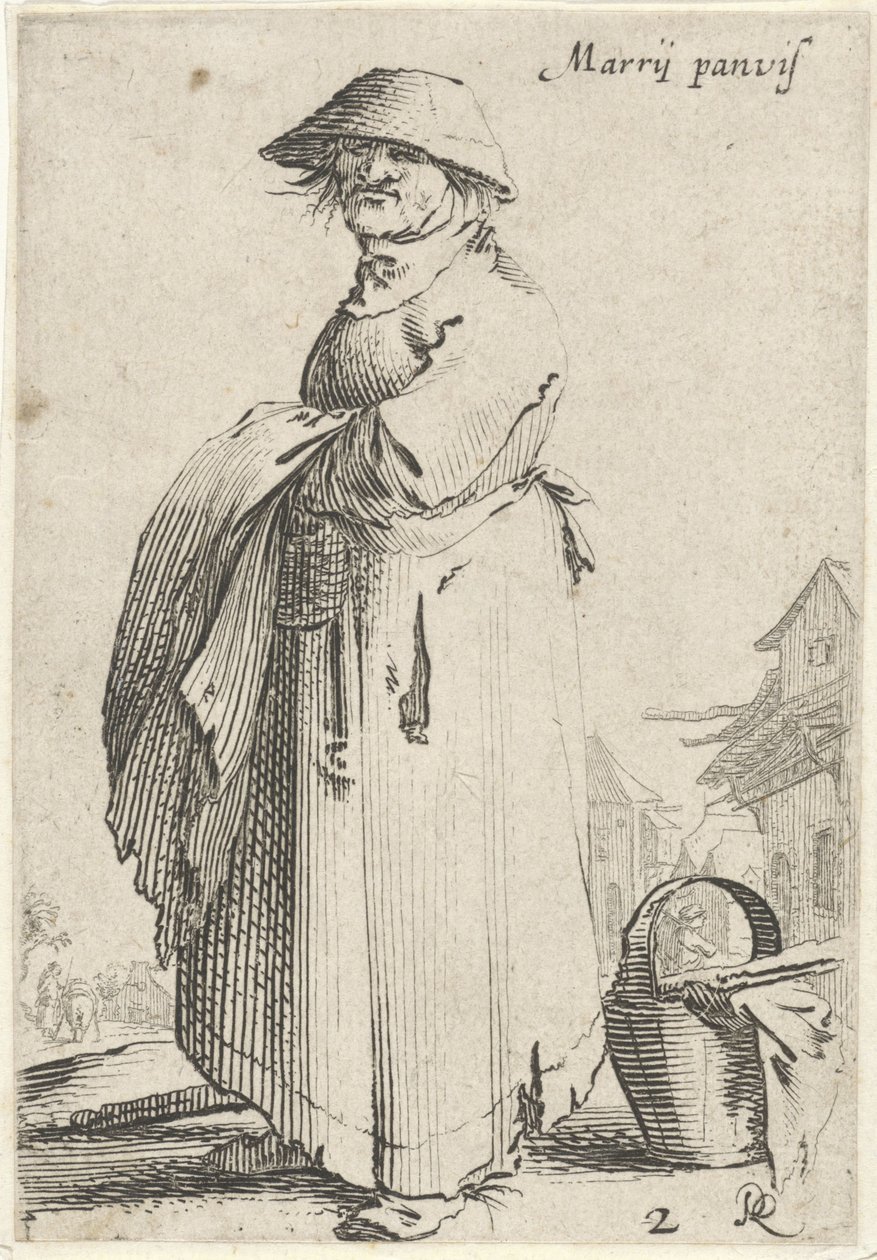 Mulher com um pano por cima do braço, atrás dela está um cesto no chão
Marrij panvis (título sobre o objecto)
Vida dos camponeses (título da série) de Salomon Savery