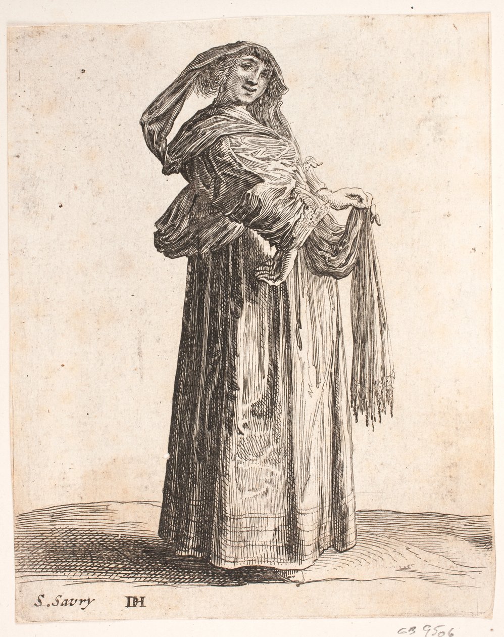 Mulher de pé no perfil direito. Cabeça virada para a frente. Usa lenço no cabelo de Salomon Savery