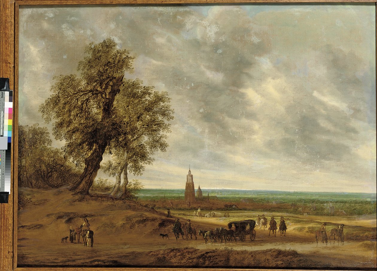 Uma paisagem panorâmica com viajantes em um caminho, além da cidade de Amersfoort, 1634 de Salomon van Ruisdael or Ruysdael