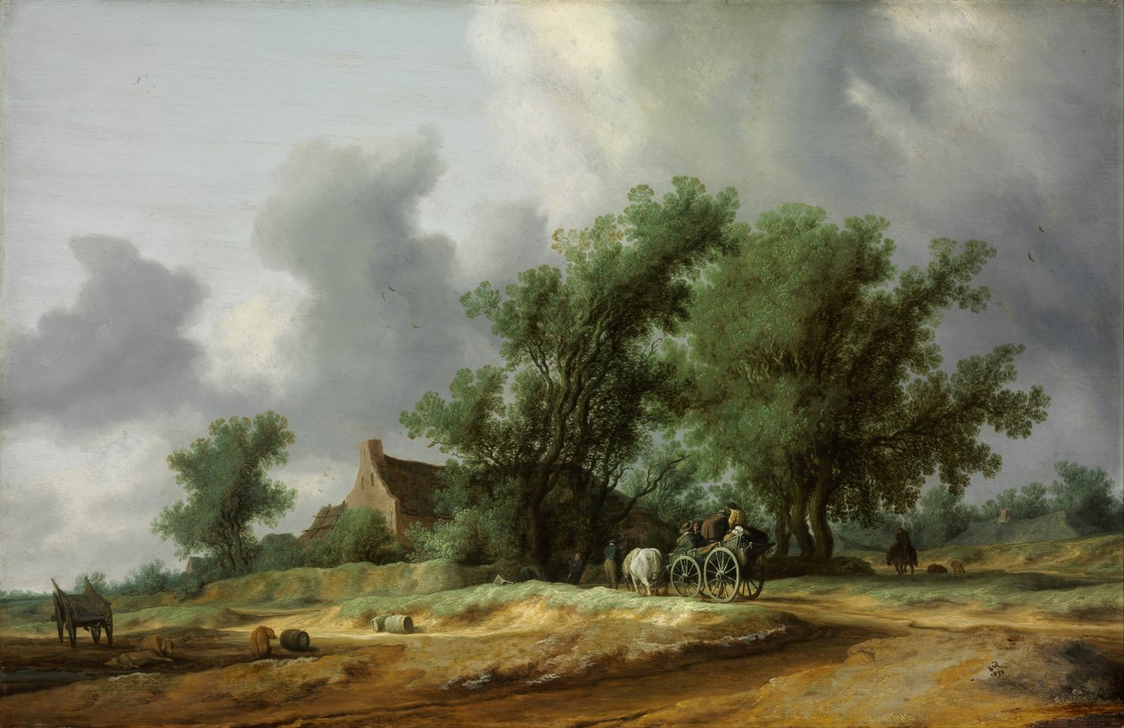 Estrada nas Dunas com um carro - Peinture de Salomon Jacobsz van Ruisdael(1600/3-1670) - 1631 - Óleo sobre madeira - 56x86,4 - Szepmuveszeti Muzeum, Budapeste de Salomon van Ruisdael or Ruysdael