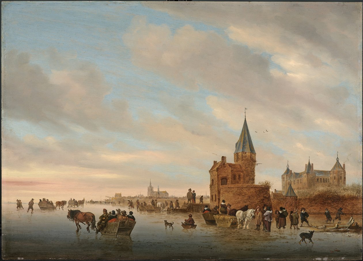Paisagem de inverno com prazeres de gelo na frente de um capricho da cidade de Arnheim, 1652 de Salomon van Ruisdael or Ruysdael