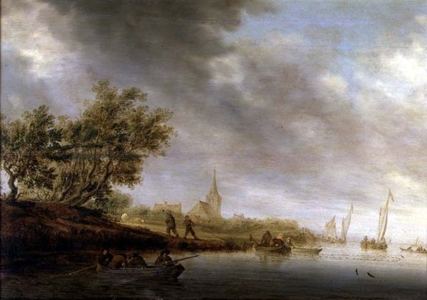Paisagem fluvial arborizada com barcaças de Salomon van Ruisdael or Ruysdael