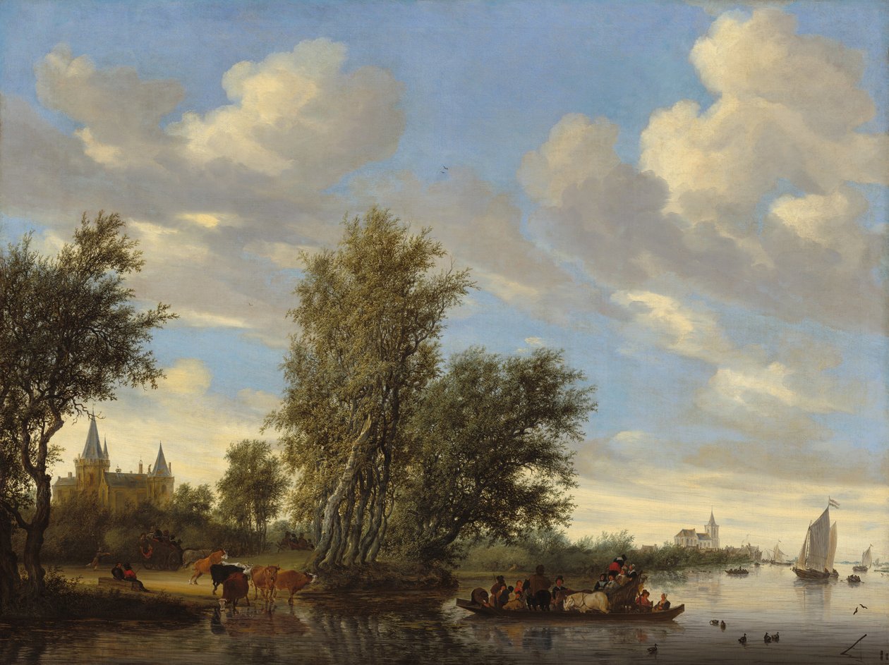 Paisagem fluvial com balsa de Salomon van Ruysdael