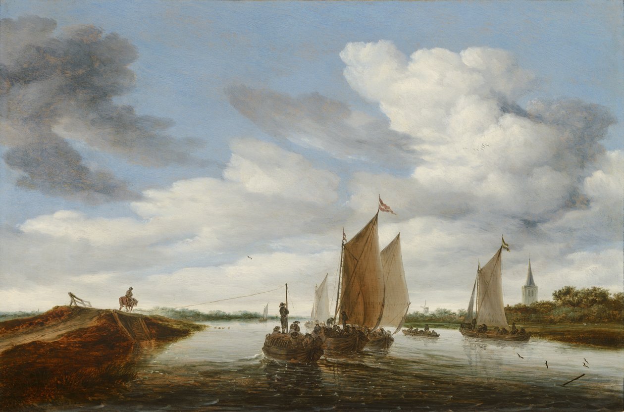 Paisagem ribeirinha com barcos à vela e uma barcaça puxada por cavalos de Salomon van Ruysdael