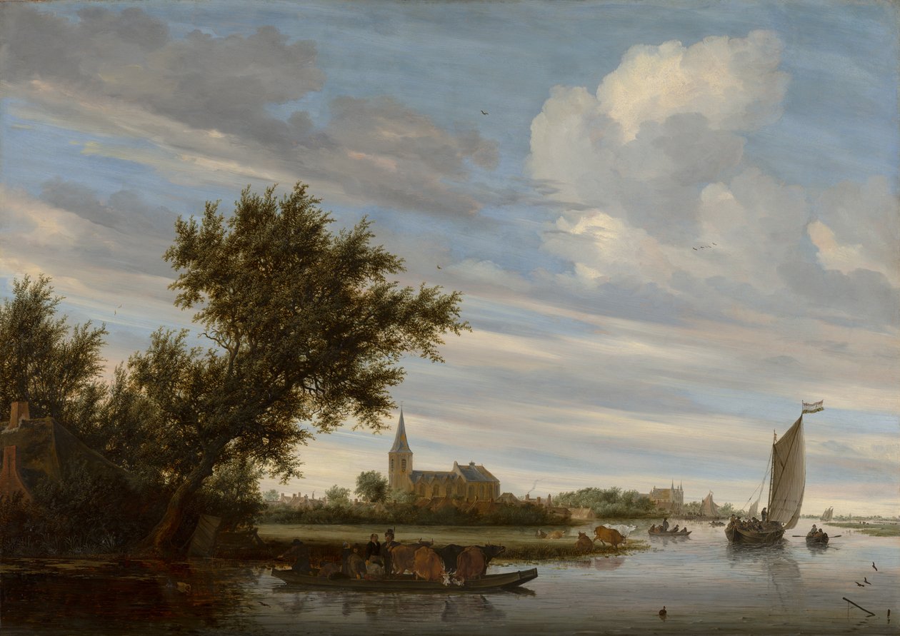 Vista de rio com igreja e ferry de Salomon van Ruysdael