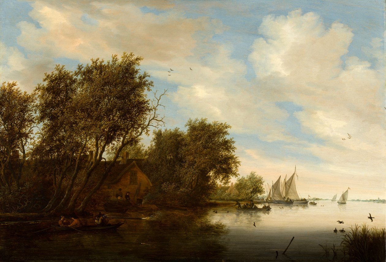 Vista de rio com um homem a caçar patos de Salomon van Ruysdael