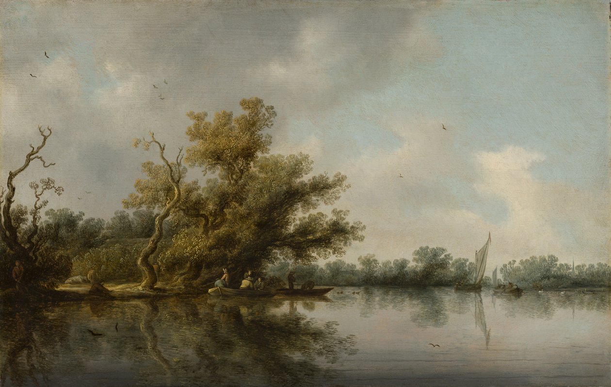 Margem de rio com árvores antigas de Salomon van Ruysdael