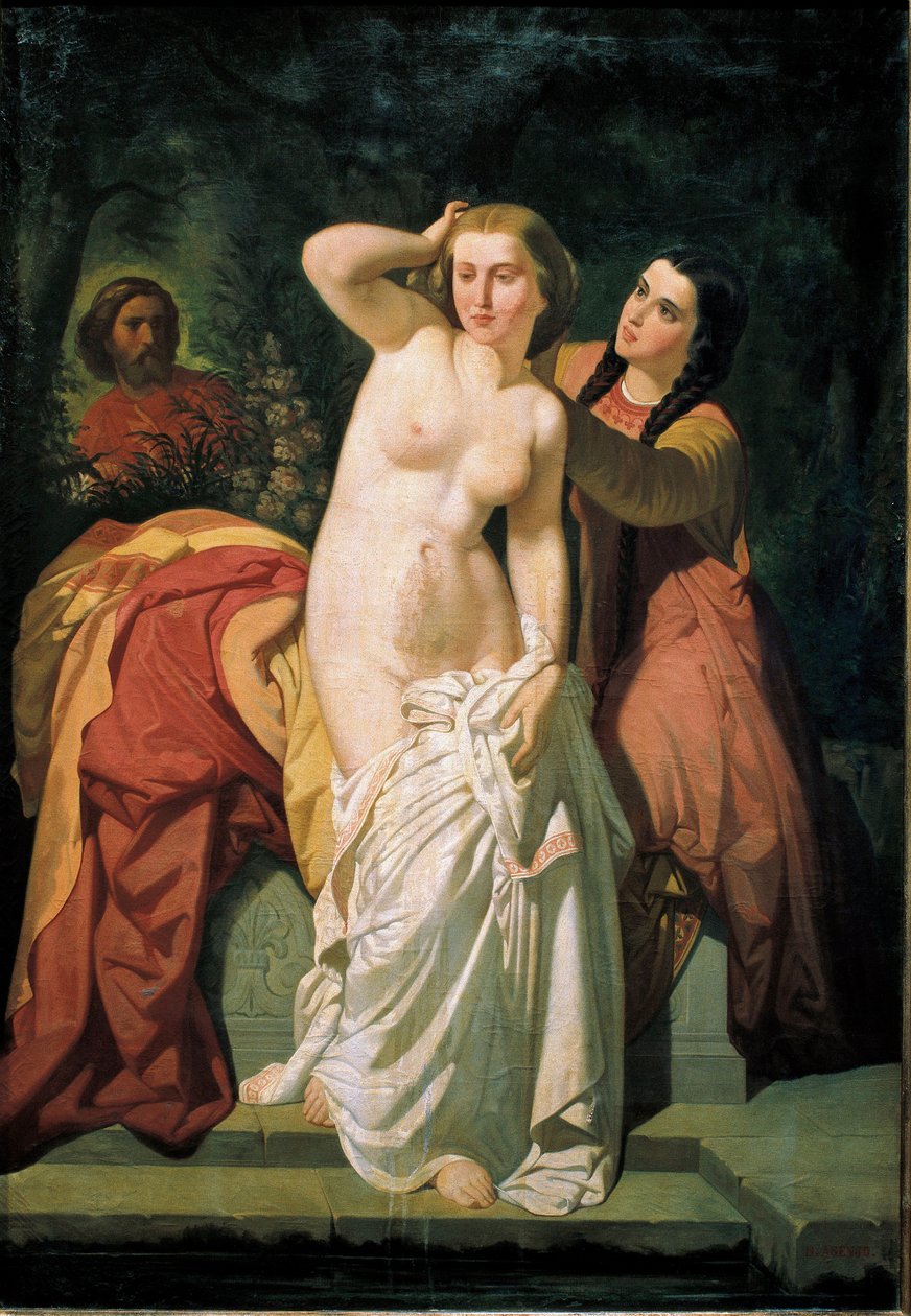 ""David e Bate-Seba"" David observando Bate-Seba tomando banho. Pintura de Salustiano Asenjo Arozarena (1834-1897) Séc. XIX Dim. 131 x 89 cm Museu de Navarra Pamplona Espanha de Salustiano Asenjo