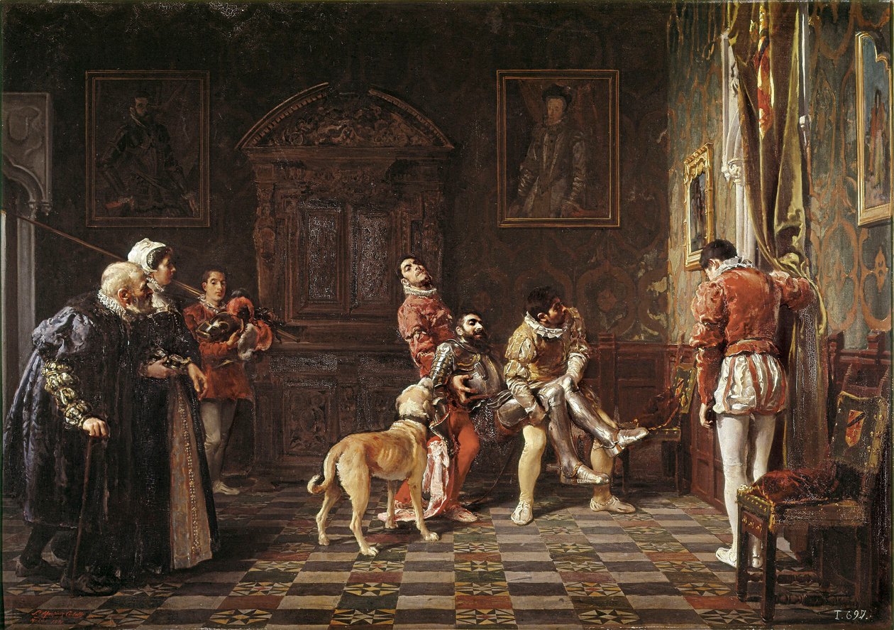 “" Regresso do torneio "" Um jovem cavaleiro magoa é trazido de volta ao palácio, apoiado por duas páginas. Pintura de Salvador Martinez Cubells (1845-1914) 1881 Valencia. Museu de Bellas Artes San Pio de Salvador Martinez Cubells