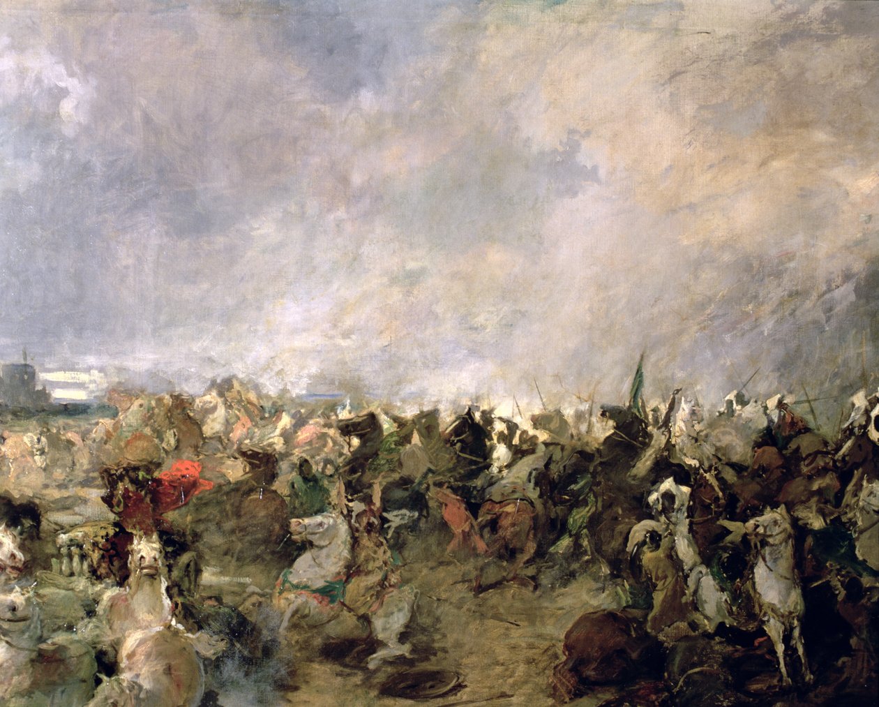 O detalhe da batalha de Guadalete da fuga dos Godos do comando do rei Roderic na presença da cavalaria muçulmana de Tarik Ibn Ziyad, 711 d.C. (óleo sobre tela) (detalhe) de Salvador Martinez Cubells